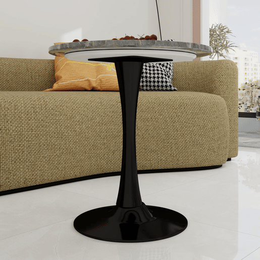 Mesa de centro 70 cm - Estilo mid-century, tampo redondo em mármore cinza escuro - Preto+Cinza