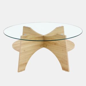 Mesa de centro redonda Ø80 cm - vidro transparente, estrutura em MDF em madeira natural
