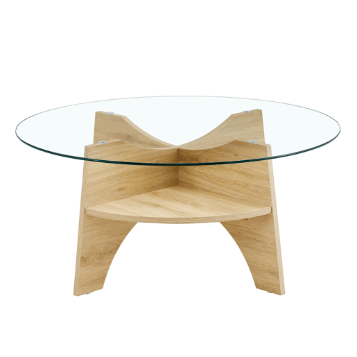 Mesa de centro redonda Ø80 cm - vidro transparente, estrutura em MDF em madeira natural