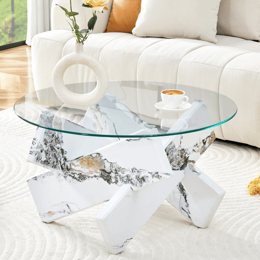 Mesa de centro redonda 79 cm - MDF+Vidro, pernas efeito mármore branco - Transparente, Branco