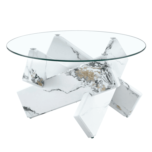 Mesa de centro redonda 79 cm - MDF+Vidro, pernas efeito mármore branco - Transparente, Branco