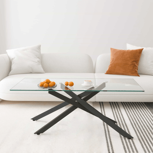 Mesa de centro 120 x 60 cm - vidro temperado, pés metálicos pretos, estilo moderno - preto