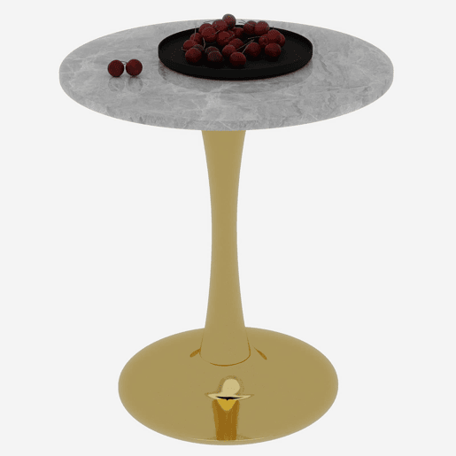 Mesa de jantar redonda 70 cm - Estilo mid-century, mármore cinzento veado, 2-4 pessoas - Dourado