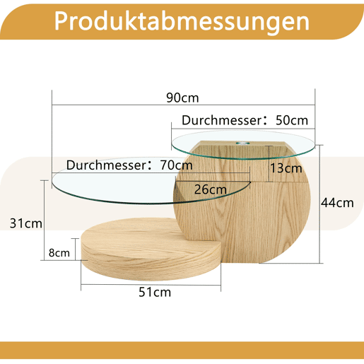 Mesa de centro com 2 níveis - vidro de segurança, estrutura em MDF, design minimalista - TransparenteMadeira