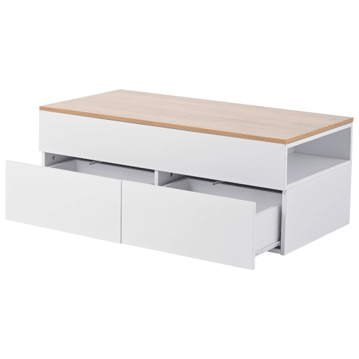 Mesa de centro 100 * 50 * 40 cm - Mesa de centro elevável com arrumação oculta e 2 gavetas - Branco + Madeira