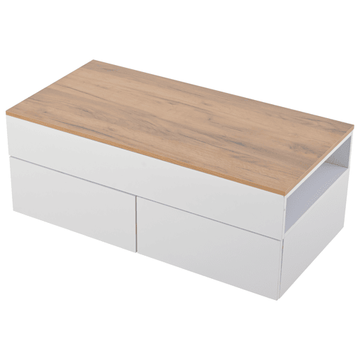 Mesa de centro 100 * 50 * 40 cm - Mesa de centro elevável com arrumação oculta e 2 gavetas - Branco + Madeira