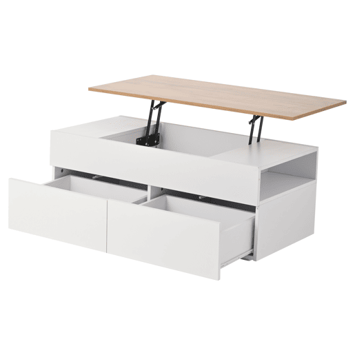 Mesa de centro 100 * 50 * 40 cm - Mesa de centro elevável com arrumação oculta e 2 gavetas - Branco + Madeira