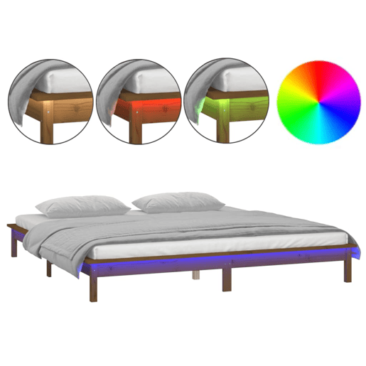 Estrutura de Cama de casal simple c LED 140x190 cm madeira maciça castanho-mel
