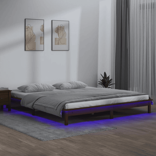 Estrutura de Cama de casal simple c LED 140x190 cm madeira maciça castanho-mel