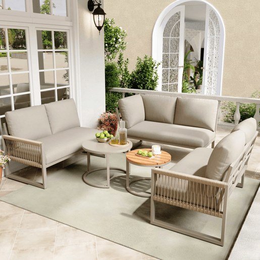 Conjunto de jardim para 6-7 pessoas - sofá de canto, estrutura em ferro galvanizado, almofadas incluídas - bege