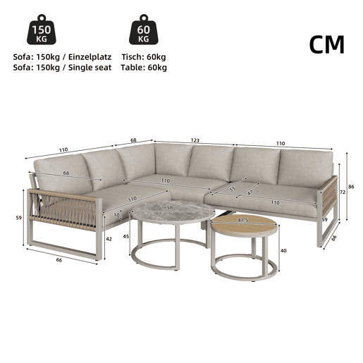 Conjunto de jardim para 6-7 pessoas - sofá de canto, estrutura em ferro galvanizado, almofadas incluídas - bege