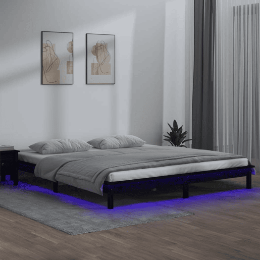 Estrutura de Cama de casal simple c LED 140x190 cm madeira maciça preto Estrutura de Cama de casal simple c LED 140x190 cm madeira maciça preto