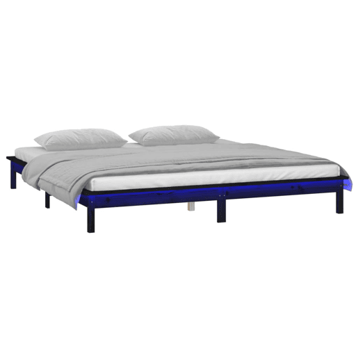 Estrutura de Cama de casal simple c LED 140x190 cm madeira maciça preto Estrutura de Cama de casal simple c LED 140x190 cm madeira maciça preto