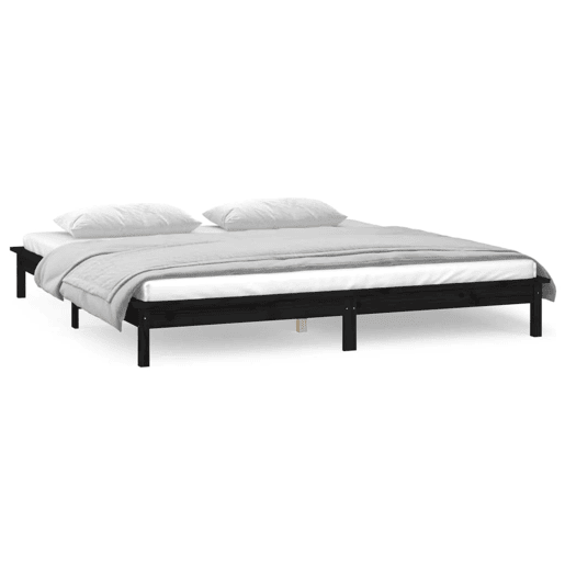 Estrutura de Cama de casal simple c LED 140x190 cm madeira maciça preto Estrutura de Cama de casal simple c LED 140x190 cm madeira maciça preto