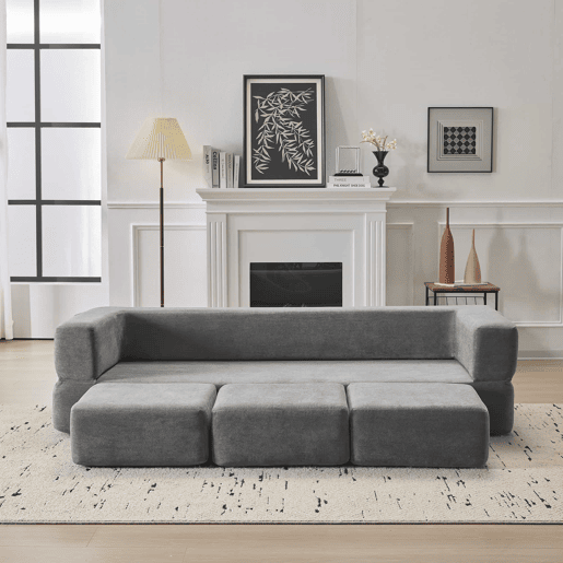 Sofá modular conversível de 3 lugares - com 3 apoios para os pés, espuma de alta elasticidade, sofá de chenille que poupa espaço - cinzento