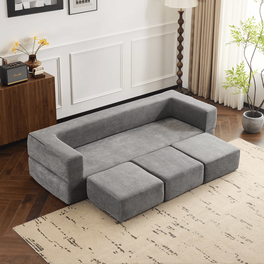 Sofá modular conversível de 3 lugares - com 3 apoios para os pés, espuma de alta elasticidade, sofá de chenille que poupa espaço - cinzento