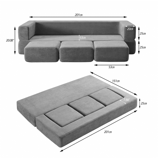 Sofá modular conversível de 3 lugares - com 3 apoios para os pés, espuma de alta elasticidade, sofá de chenille que poupa espaço - cinzento