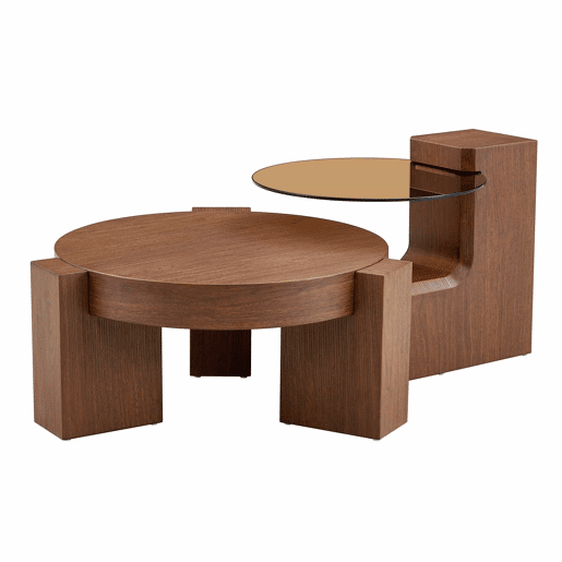 Conjunto de mesas de sala desmontáveis - Placa de vidro castanho transparente combinada com suportes de MDF com acabamento em nogueira - Cor nogueira