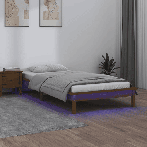 Estrutura de cama de solteiro para adultos c luzes LED 90x200 cm madeira castanho mel