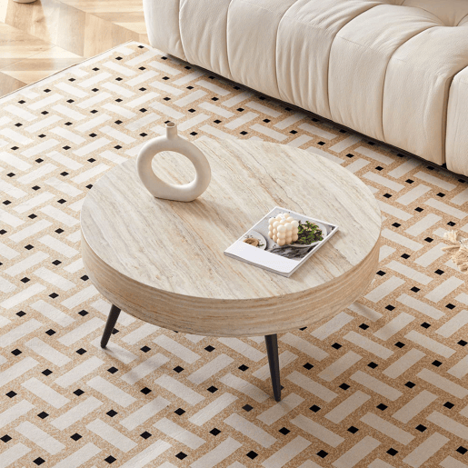 Mesa de café redonda 70 cm - estilo minimalista, MDF com efeito madeira travertino, pernas em metal preto - Preto,Madeira