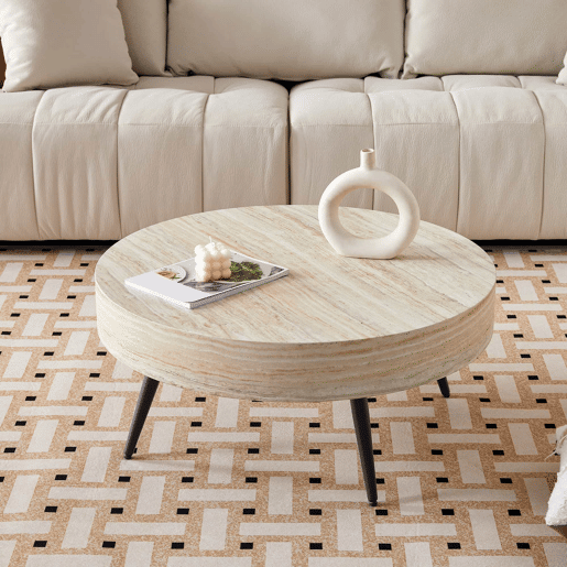 Mesa de café redonda 70 cm - estilo minimalista, MDF com efeito madeira travertino, pernas em metal preto - Preto,Madeira