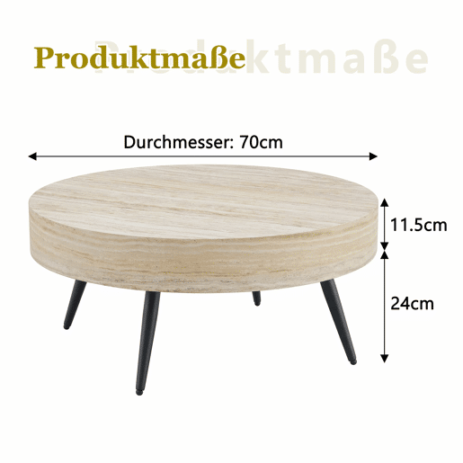 Mesa de café redonda 70 cm - estilo minimalista, MDF com efeito madeira travertino, pernas em metal preto - Preto,Madeira