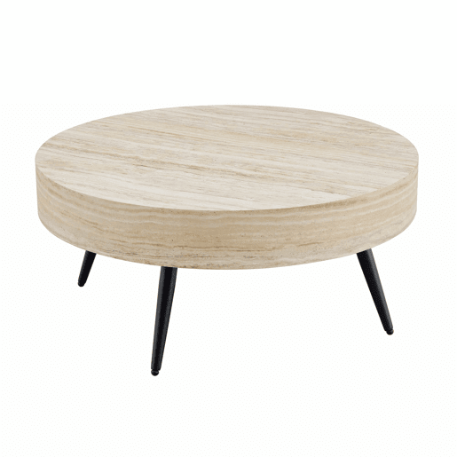 Mesa de café redonda 70 cm - estilo minimalista, MDF com efeito madeira travertino, pernas em metal preto - Preto,Madeira