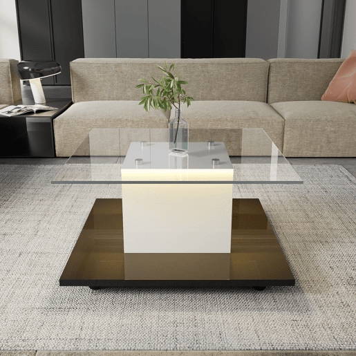 Mesa de centro - Mesa de centro em vidro de alto brilho, mesa de centro móvel com rodas giratórias - Branco+Preto