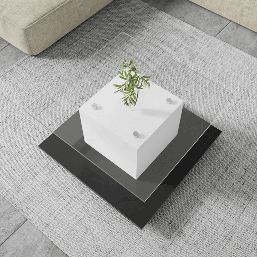 Mesa de centro - Mesa de centro em vidro de alto brilho, mesa de centro móvel com rodas giratórias - Branco+Preto