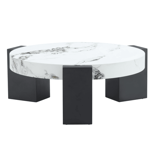 Mesa auxiliar redonda - 2 níveis, vidro cinzento e MDF preto, tampo com efeito mármore - Branco+Preto