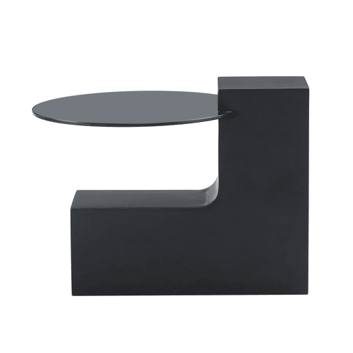 Mesa auxiliar redonda - 2 níveis, vidro cinzento e MDF preto, tampo com efeito mármore - Branco+Preto