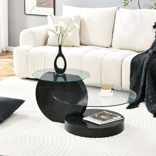 Mesa de centro com 2 níveis - Vidro de segurança, design minimalista, MDF preto + transparente Mesa de centro com 2 níveis - Vidro de segurança, design minimalista, MDF preto + transparente