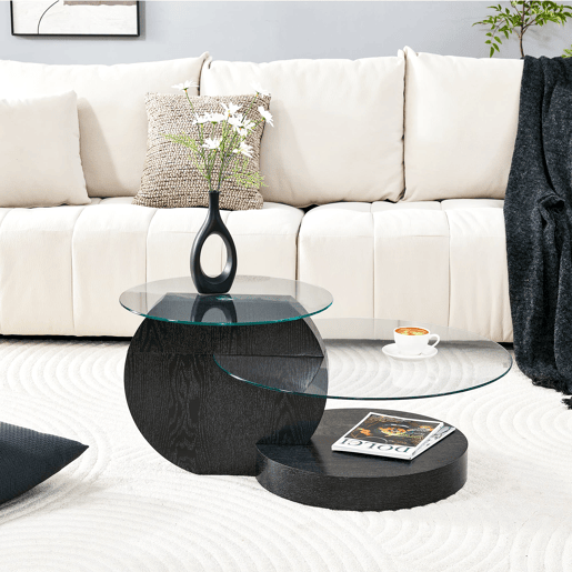 Mesa de centro com 2 níveis - Vidro de segurança, design minimalista, MDF preto + transparente Mesa de centro com 2 níveis - Vidro de segurança, design minimalista, MDF preto + transparente