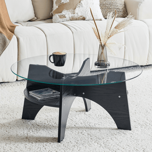 Mesa auxiliar redonda Ø80 cm - design multifuncional, vidro temperado, pernas em MDF preto