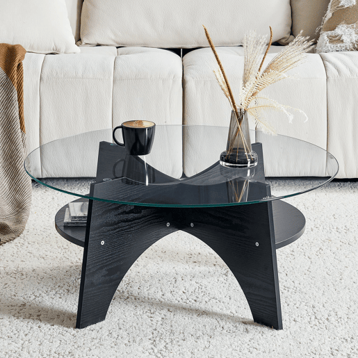 Mesa auxiliar redonda Ø80 cm - design multifuncional, vidro temperado, pernas em MDF preto