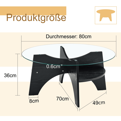 Mesa auxiliar redonda Ø80 cm - design multifuncional, vidro temperado, pernas em MDF preto