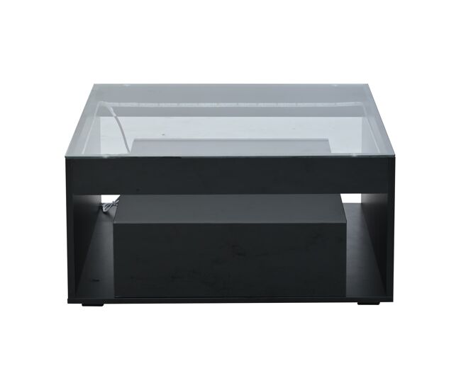 Mesa de centro 70x70x35 cm - mesa auxiliar con 2 cajones, diseño perforado, vidrio templado con led - negro