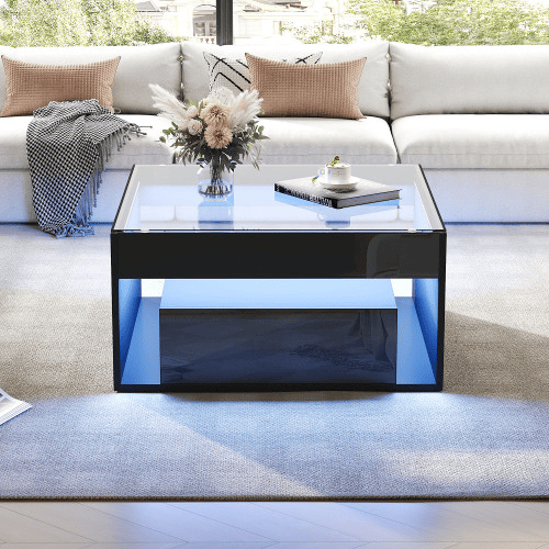 Mesa de centro 70x70x35 cm - Mesa auxiliar com 2 gavetas, design perfurado, vidro temperado com LED - Preto Mesa de centro 70x70x35 cm - Mesa auxiliar com 2 gavetas, design perfurado, vidro temperado com LED - Preto