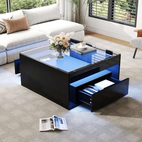 Mesa de centro 70x70x35 cm - Mesa auxiliar com 2 gavetas, design perfurado, vidro temperado com LED - Preto Mesa de centro 70x70x35 cm - Mesa auxiliar com 2 gavetas, design perfurado, vidro temperado com LED - Preto