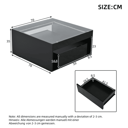 Mesa de centro 70x70x35 cm - Mesa auxiliar com 2 gavetas, design perfurado, vidro temperado com LED - Preto Mesa de centro 70x70x35 cm - Mesa auxiliar com 2 gavetas, design perfurado, vidro temperado com LED - Preto