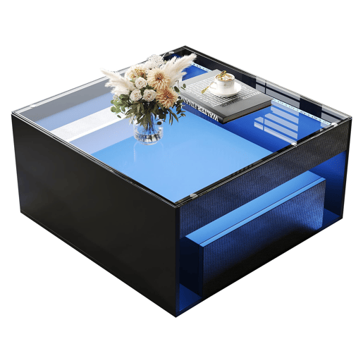 Mesa de centro 70x70x35 cm - Mesa auxiliar com 2 gavetas, design perfurado, vidro temperado com LED - Preto Mesa de centro 70x70x35 cm - Mesa auxiliar com 2 gavetas, design perfurado, vidro temperado com LED - Preto