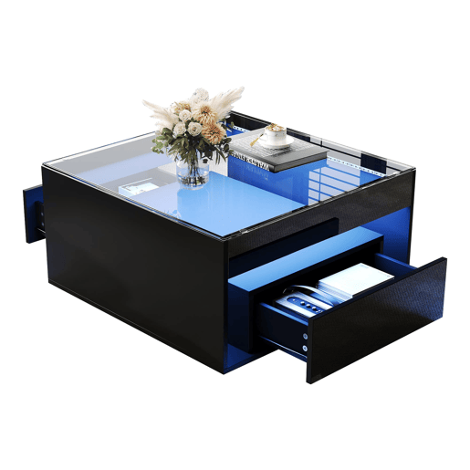 Mesa de centro 70x70x35 cm - Mesa auxiliar com 2 gavetas, design perfurado, vidro temperado com LED - Preto Mesa de centro 70x70x35 cm - Mesa auxiliar com 2 gavetas, design perfurado, vidro temperado com LED - Preto