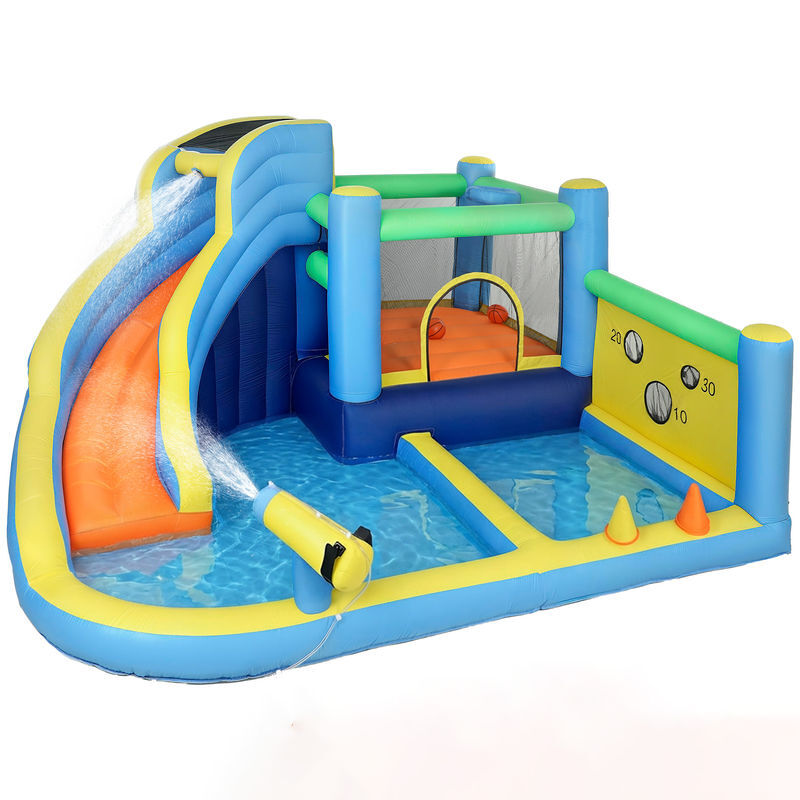 Aiyaplay castillo hinchable acuático 8 en 1 con soplador 550w castillo hinchable niños con tobogán zona de salto escalada piscinas canasta lanzamiento de aros anillas exterior interior 350x320x190 cm