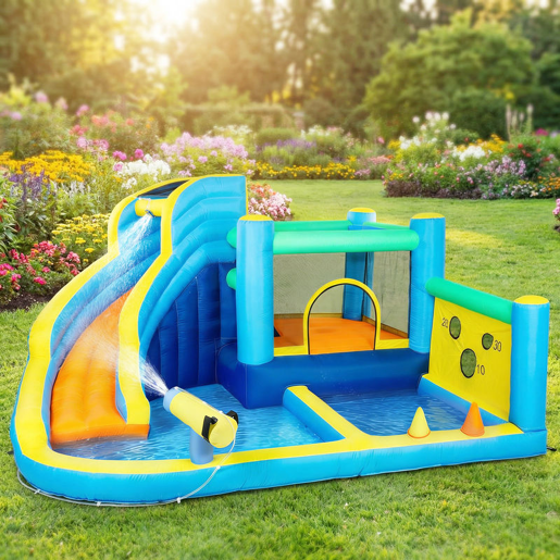 AIYAPLAY Castelo Insuflável Aquático 8 em 1 com Soprador 550W u2013 Castelo Insuflável para Crianças com Escorrega Extra Longo SecoMolhado, Zona de Saltos, Escalada, Cesta e Lançamento de Argolas para Exterior e Interior 350x320x190cm