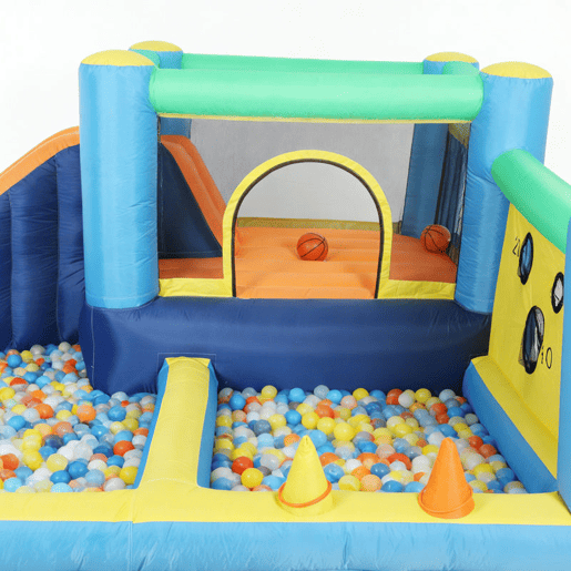 AIYAPLAY Castelo Insuflável Aquático 8 em 1 com Soprador 550W u2013 Castelo Insuflável para Crianças com Escorrega Extra Longo SecoMolhado, Zona de Saltos, Escalada, Cesta e Lançamento de Argolas para Exterior e Interior 350x320x190cm