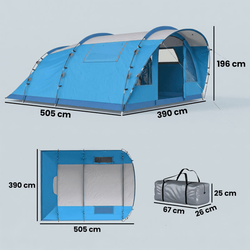 Outsunny Tenda de Campismo Familiar para 5 Pessoas Tenda de Campismo Dobrável Tipo Túnel com 3 Quartos Porta 4 Janelas Alpendre Bolsa Impermeável 3000 mm Montagem Fácil para Pesca Caminhadas Azul