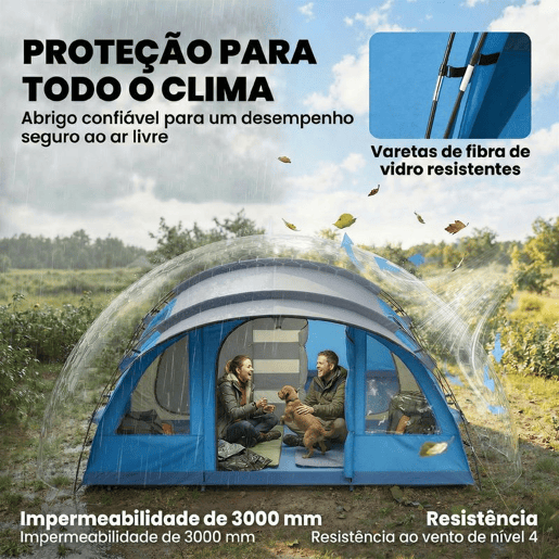 Outsunny Tenda de Campismo Familiar para 5 Pessoas Tenda de Campismo Dobrável Tipo Túnel com 3 Quartos Porta 4 Janelas Alpendre Bolsa Impermeável 3000 mm Montagem Fácil para Pesca Caminhadas Azul