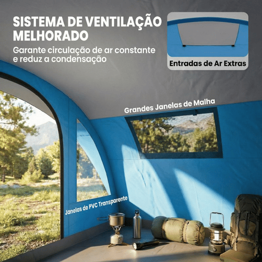 Outsunny Tenda de Campismo Familiar para 5 Pessoas Tenda de Campismo Dobrável Tipo Túnel com 3 Quartos Porta 4 Janelas Alpendre Bolsa Impermeável 3000 mm Montagem Fácil para Pesca Caminhadas Azul