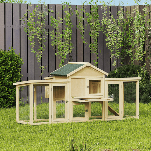 PawHut Galinheiro Grande para Exterior em Madeira 204x85x93 cm com Caixa de Ninho Cercado Bandeja Removível Teto Impermeável Rampa e Poleiro Madeira Natural
