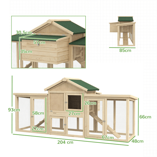 PawHut Galinheiro Grande para Exterior em Madeira 204x85x93 cm com Caixa de Ninho Cercado Bandeja Removível Teto Impermeável Rampa e Poleiro Madeira Natural